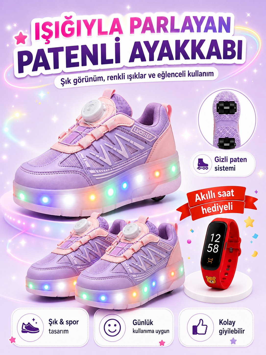 Mor LED Işıklı Patenli Erkek Çocuk Ayakkabısı - Görsel 5