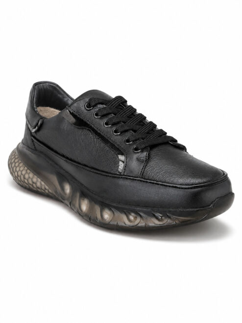 Erkek Hakiki Deri Siyah Günlük Sneaker Kalın Taban Spor Ayakkabı
