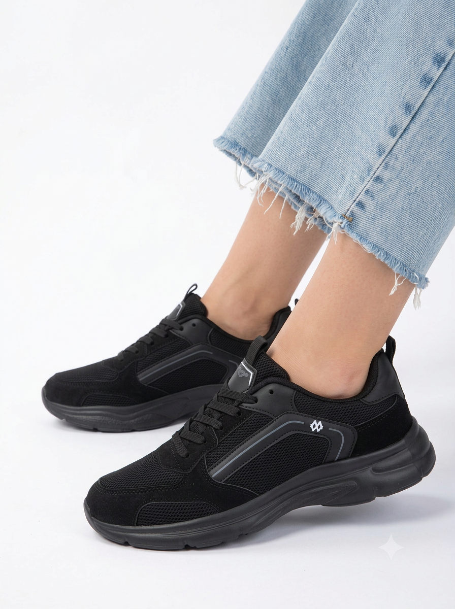 Siyah Nefes Alabilen Kumaş Faylon Taban Bağcıklı Sneaker - Görsel 4