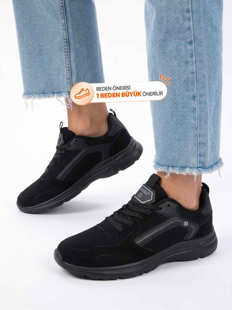 Siyah Nefes Alabilen Kumaş Faylon Taban Bağcıklı Sneaker - Görsel 2