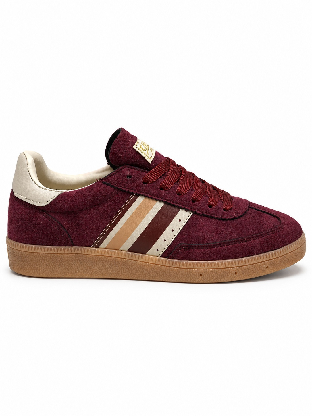 Kadın Retro Süet Bağcıklı Casual Sneaker Spor Ayakkabı - Bordo Bej - Görsel 2