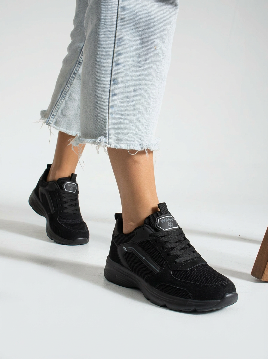 Siyah Nefes Alabilen Kumaş Faylon Taban Bağcıklı Sneaker - Görsel 5
